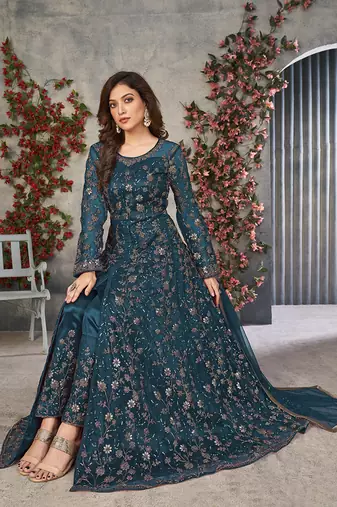 Teal blue embroidery net anarkali suit