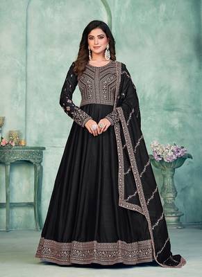 Black embroidery art silk anarkali suit 1