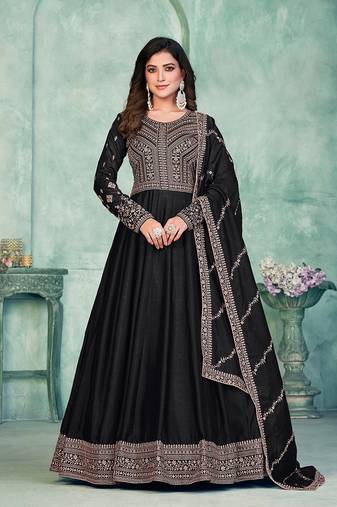 Black embroidery art silk anarkali suit