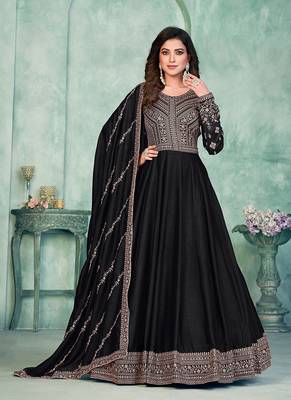 Black embroidery art silk anarkali suit 3