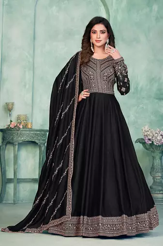 Black embroidery art silk anarkali suit