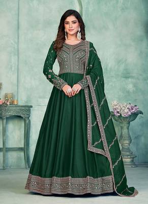 Green embroidery art silk anarkali suit 1