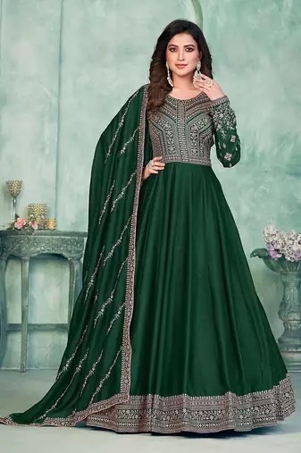 Green embroidery art silk anarkali suit