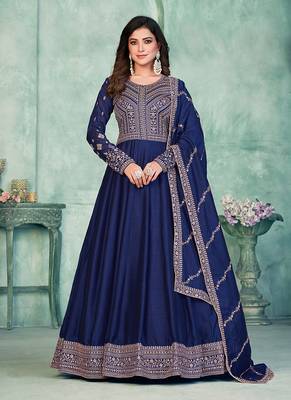 Blue embroidery art silk anarkali suit 1
