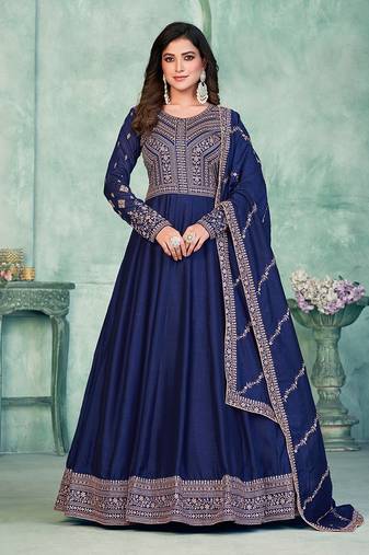Blue embroidery art silk anarkali suit