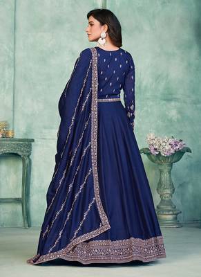 Blue embroidery art silk anarkali suit 2