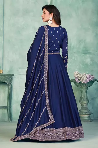 Blue embroidery art silk anarkali suit