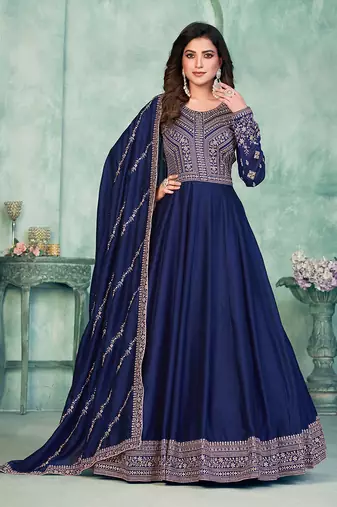Blue embroidery art silk anarkali suit