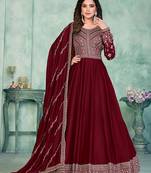Maroon embroidery art silk anarkali suit