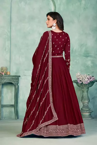 Maroon embroidery art silk anarkali suit
