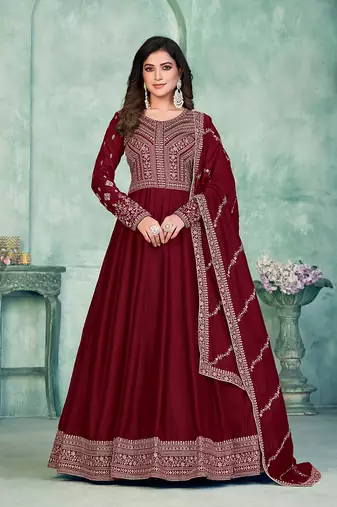 Maroon embroidery art silk anarkali suit