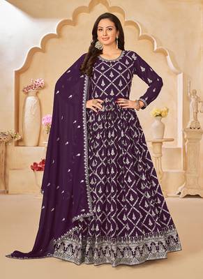 Purple embroidery faux georgette anarkali suit 1