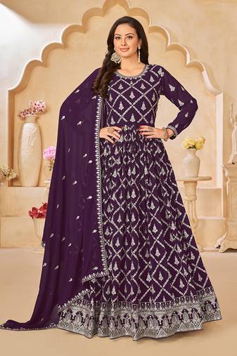 Purple embroidery faux georgette anarkali suit