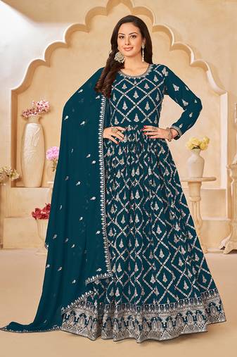 Aqua blue embroidery faux georgette anarkali suit