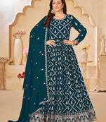 Aqua blue embroidery faux georgette anarkali suit