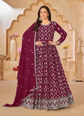 Maroon embroidery faux georgette anarkali suit 1