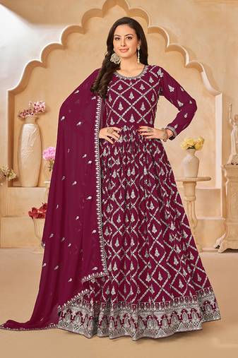Maroon embroidery faux georgette anarkali suit