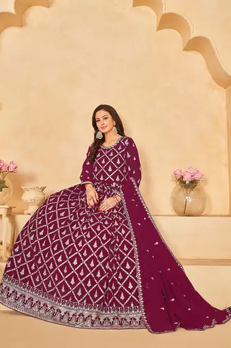 Maroon embroidery faux georgette anarkali suit