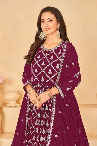 Maroon embroidery faux georgette anarkali suit