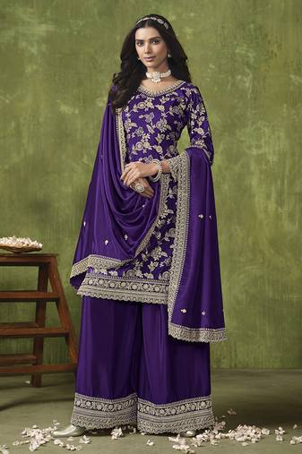 Purple embroidery dolla silk jecquard palazzo