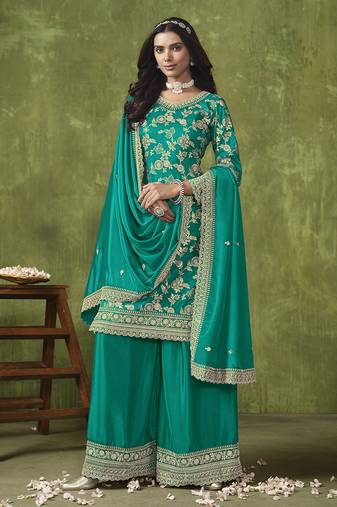 Teal blue embroidery dolla silk jecquard palazzo