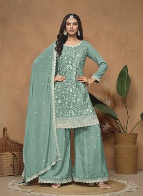 Sea green embroidery chinon palazzo 1