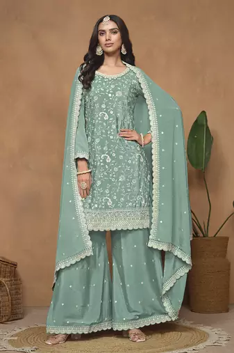 Sea green embroidery chinon palazzo