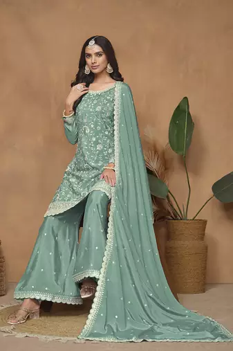 Sea green embroidery chinon palazzo