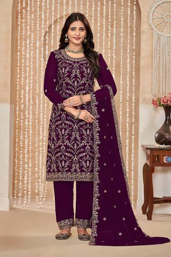 Wine embroidery faux georgette salwar kameez