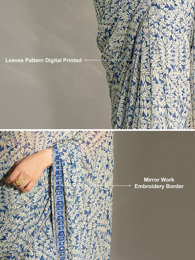 Trendmalls Blue Georgette Digital Printed Mirror Work Embroidery Border Saree with Blouse Piece