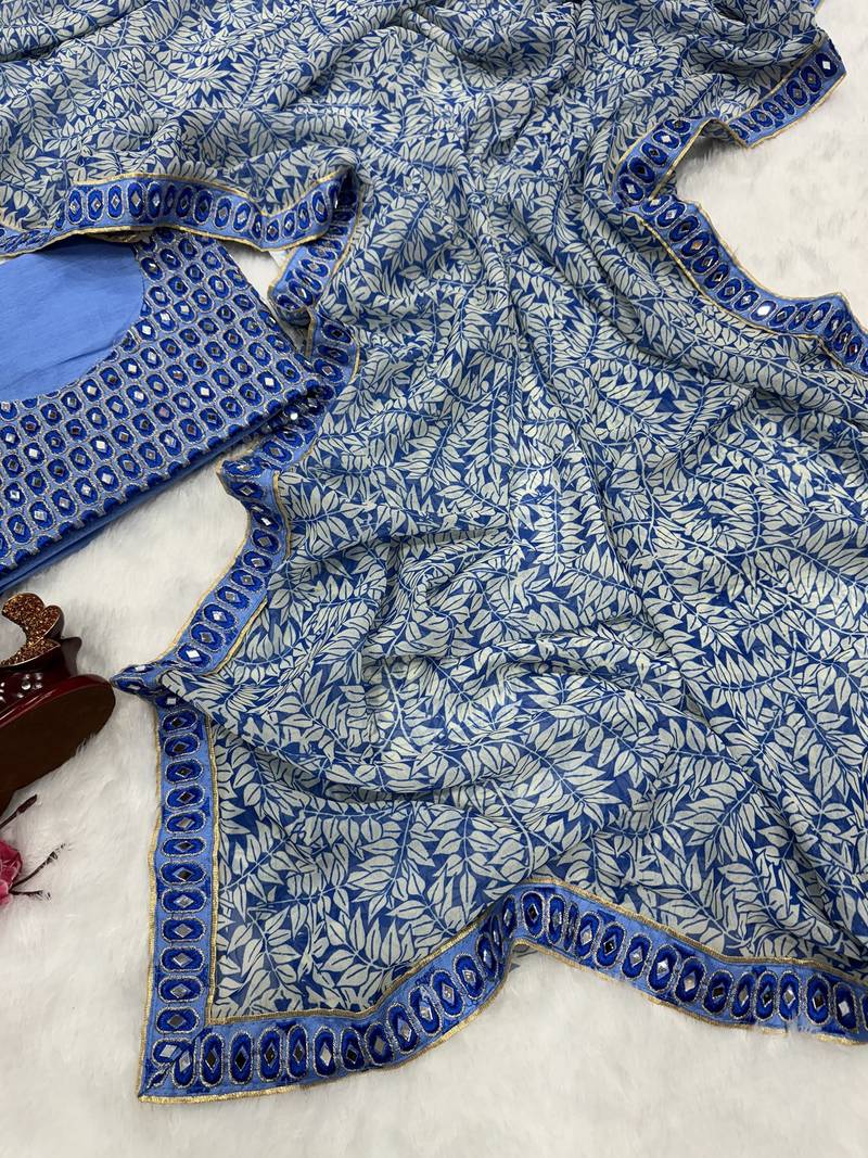 Trendmalls Blue Georgette Digital Printed Mirror Work Embroidery Border Saree with Blouse Piece