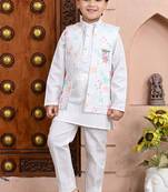 White floral cotton blend floral sequined shrug with kurta pajama set