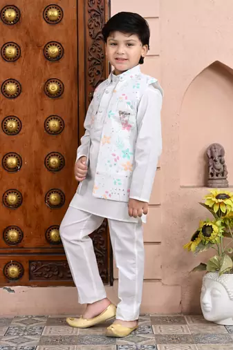 White floral cotton blend floral sequined shrug with kurta pajama set