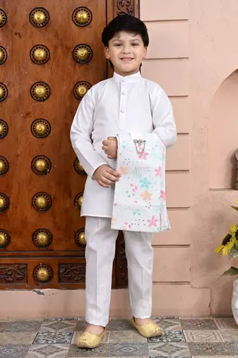White floral cotton blend floral sequined shrug with kurta pajama set