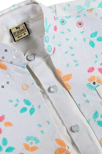 White floral cotton blend floral sequined shrug with kurta pajama set