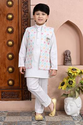 White cotton blend geometric sequined shrug with kurta pajama set 1