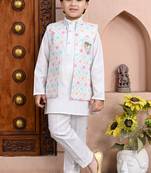 White cotton blend geometric sequined shrug with kurta pajama set
