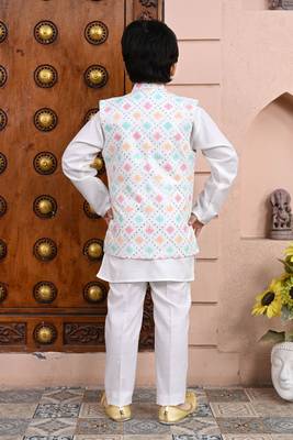 White cotton blend geometric sequined shrug with kurta pajama set 2