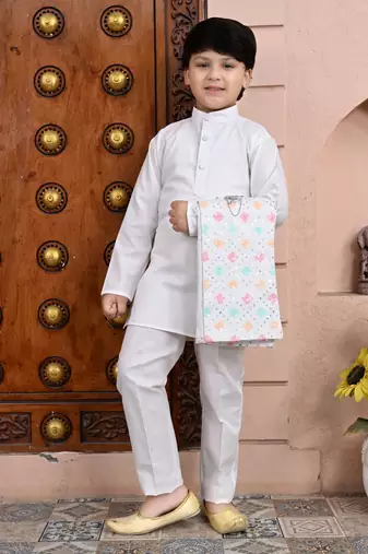 White cotton blend geometric sequined shrug with kurta pajama set