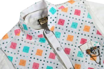 White cotton blend geometric sequined shrug with kurta pajama set 5