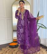 Purple Embroidered Rayon Fabric Straight Kurta, Pant and Dupatta Set