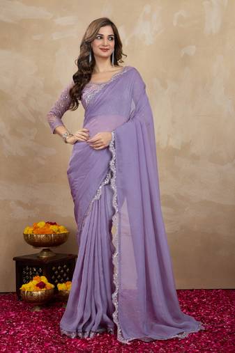 Lavender Tussar Silk Sequin Work Saree with Unstitch Blouse Piece