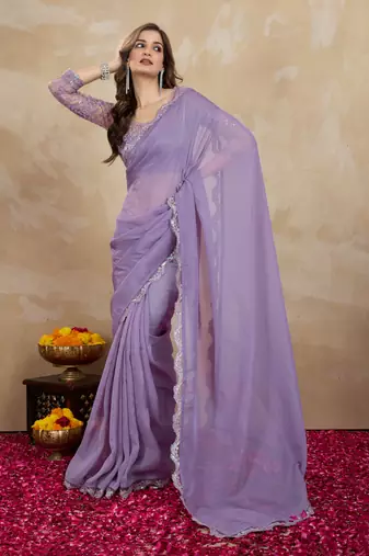 Trendmalls Lavender Tussar Silk Sequin Work Saree with Unstitch Blouse Piece