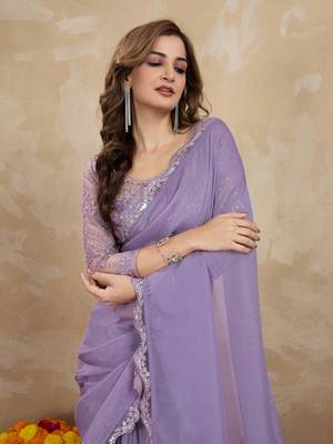 Trendmalls Lavender Tussar Silk Sequin Work Saree with Unstitch Blouse Piece 5