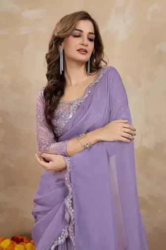 Trendmalls Lavender Tussar Silk Sequin Work Saree with Unstitch Blouse Piece