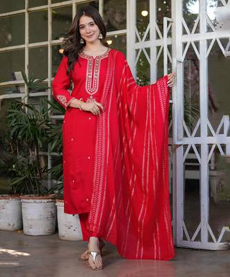 Beautiful Embroidered Viscose Chanderi Straight Kurta Pant and Dupatta Set 1