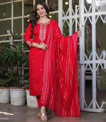 Beautiful Embroidered Viscose Chanderi Fabric Straight Kurta, Pant and Dupatta Set