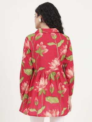 Divena green floral printed cotton lepal neck peplum top 2
