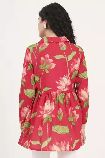 Divena green floral printed cotton lepal neck peplum top
