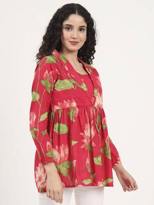 Divena green floral printed cotton lepal neck peplum top 3